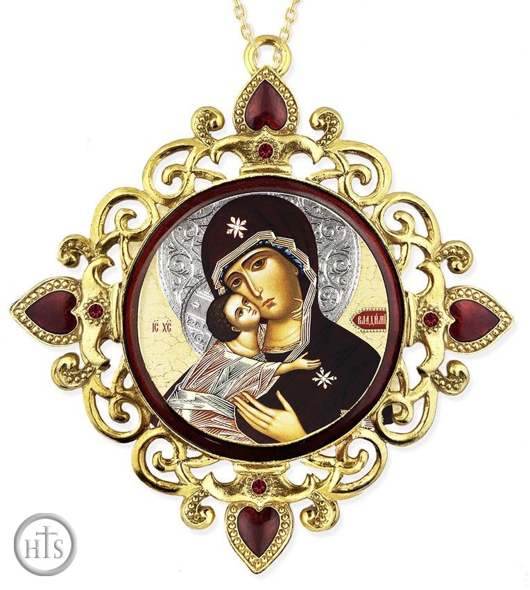 Product Picture - Virgin of Vladimir, Jeweled Round Framed Icon with Chain