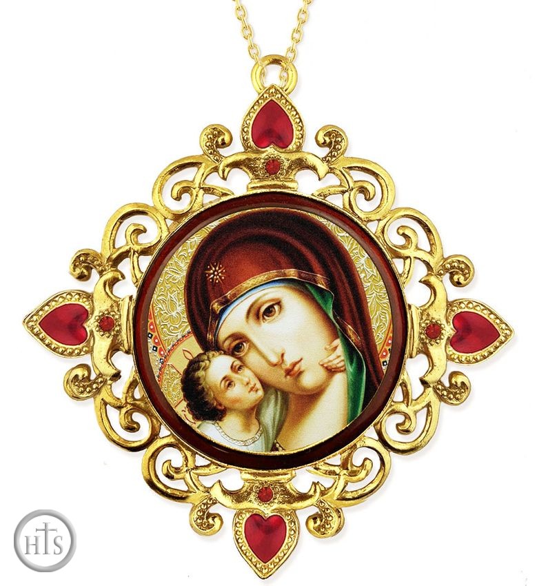 Product Photo - Virgin of Vladimir, Jeweled Round Framed Icon with Chain