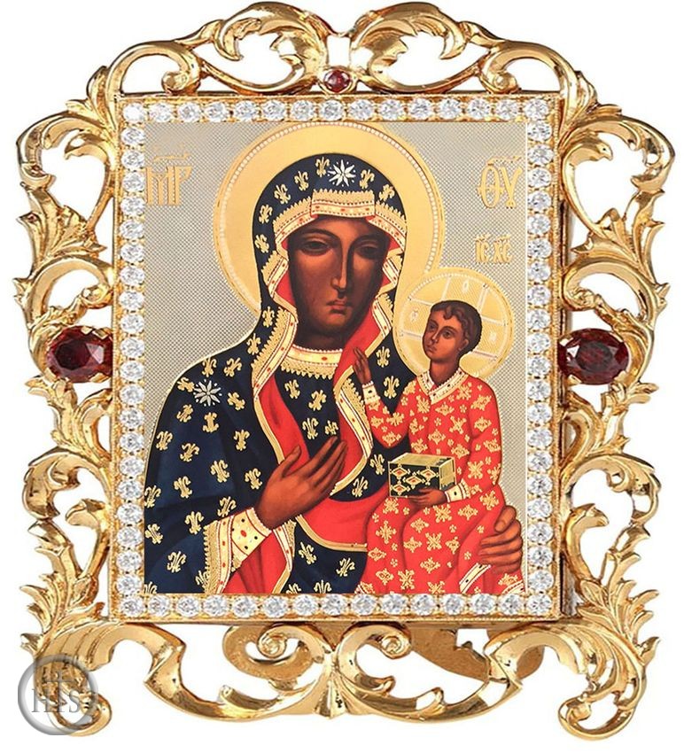 Picture - Virgin Mary Czestochowa, Jeweled Framed Icon w/ Stand and Chain
