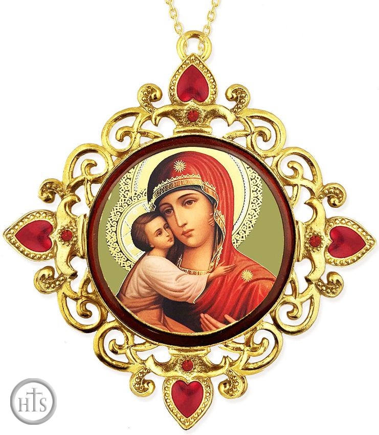 Picture - Virgin Mary Feodorovskaya, Jeweled Round Framed Icon with Chain