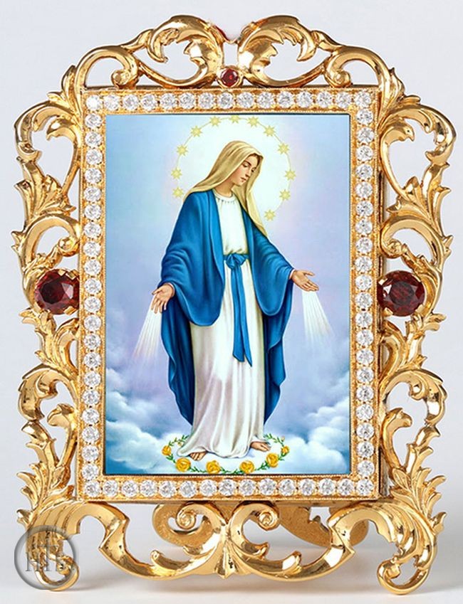 Picture - Our Lady of Grace, Jeweled Framed Icon With Stand and Chain
