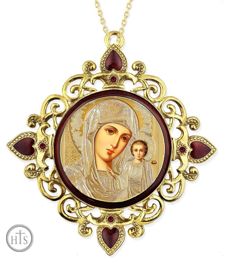 Product Photo - Virgin of Kazan, Jeweled Round Framed Icon with Chain