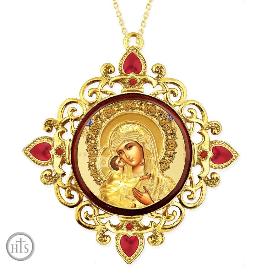 Product Photo - Virgin of Feodorovskaya, Jeweled Round Framed Icon with Chain