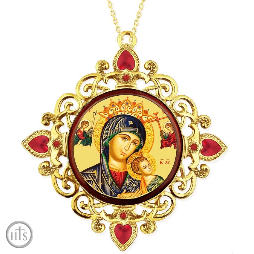 Product Image - Virgin Mary Perpetual Help, Jeweled Round Framed Icon with Chain