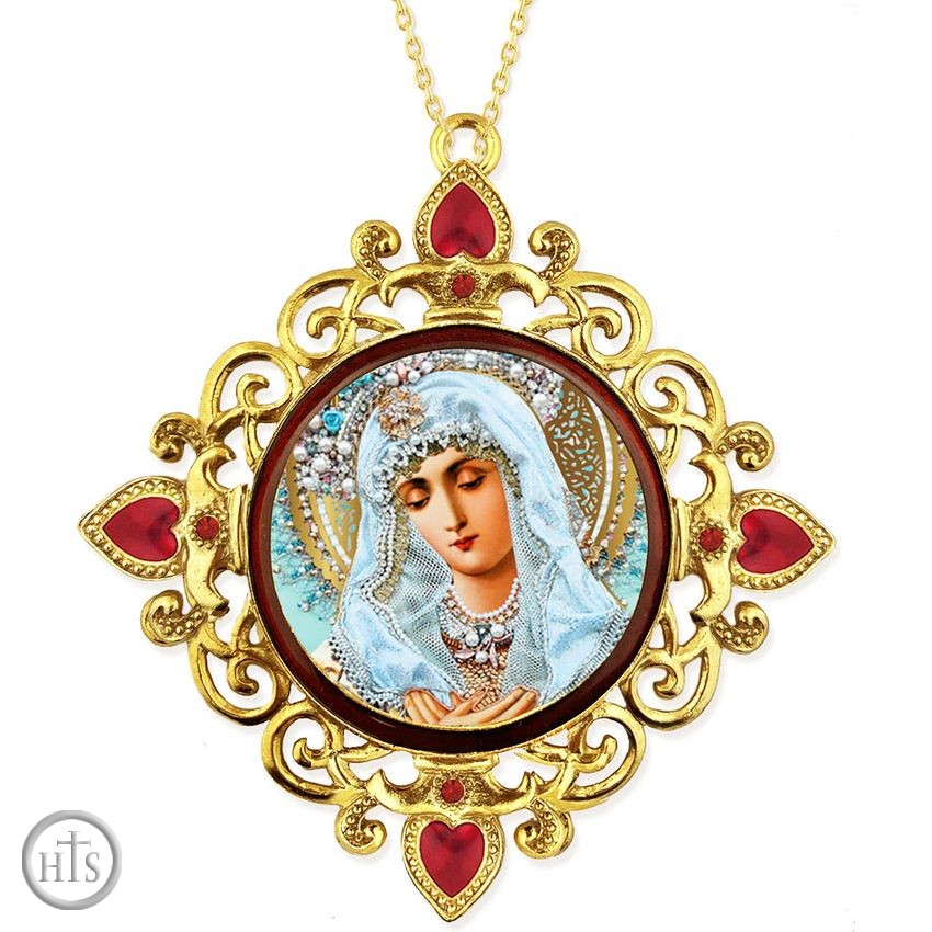 HolyTrinity Pic - Virgin Mary Extreme Humility, Jeweled Round Framed Icon with Chain