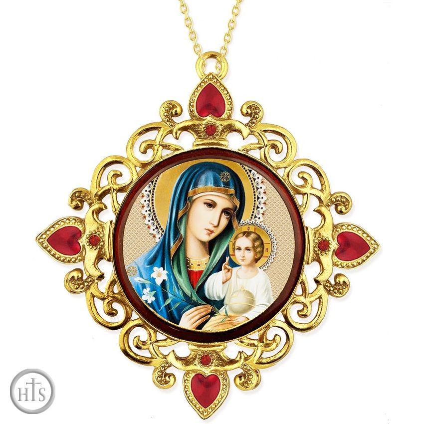 HolyTrinityStore Image - Virgin Mary Eternal Bloom, Jeweled Round Framed Icon with Chain