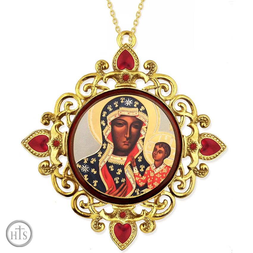 Product Picture - Virgin Mary Czestochowa, Jeweled Round Framed Icon with Chain