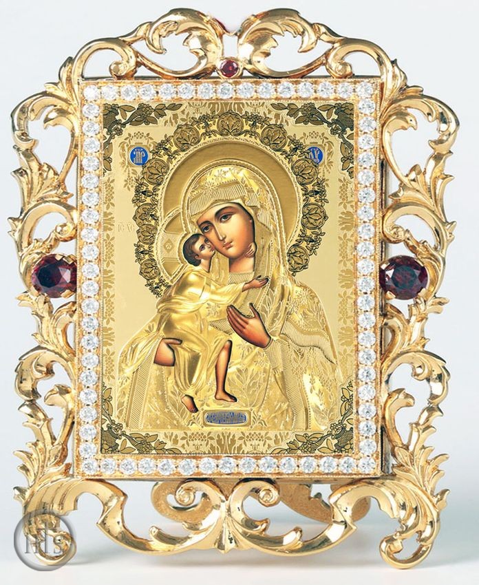 HolyTrinity Pic - Virgin Mary Feodorovskaya, Jeweled Framed Icon With Stand and Chain