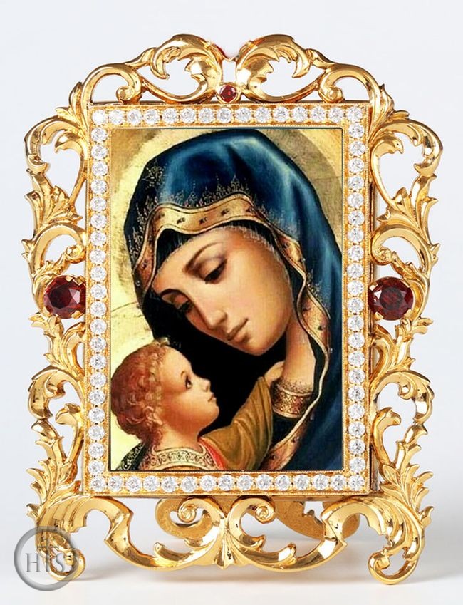 Image - Virgin Mary and Child, Jeweled Framed Icon With Stand and Chain