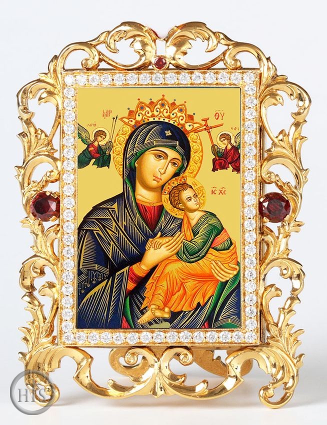 Photo - Virgin Mary Perpetual Help, Jeweled Framed Icon w/ Stand and Chain