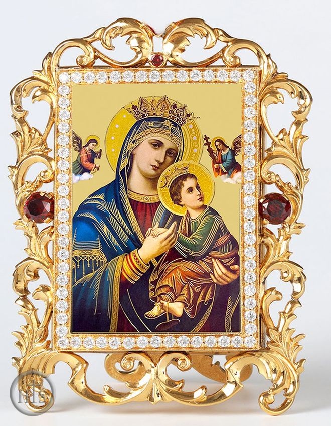 HolyTrinityStore Image - Virgin Mary Perpetual Help, Jeweled Framed Icon With Stand and Chain