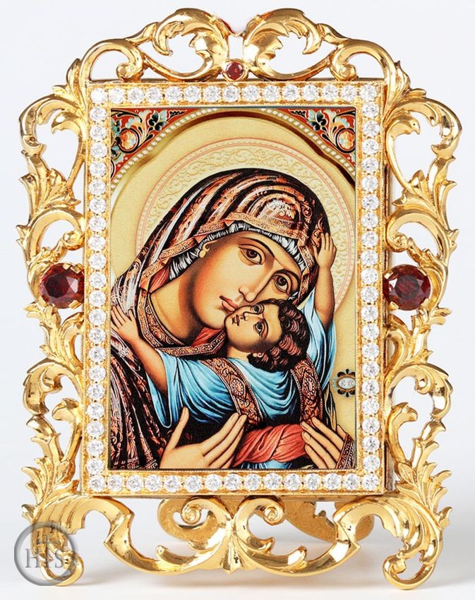 HolyTrinity Pic - Virgin Mary Sweet Kissing, Jeweled Framed Icon With Stand and Chain