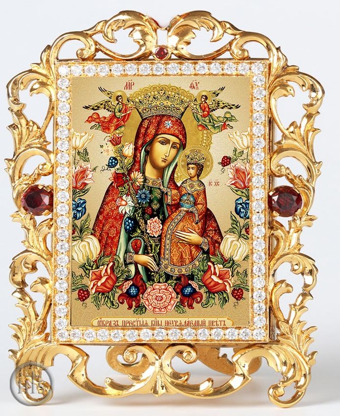 HolyTrinityStore Image - Virgin Mary Unfading Blossom, Jeweled Framed Icon With Stand and Chain