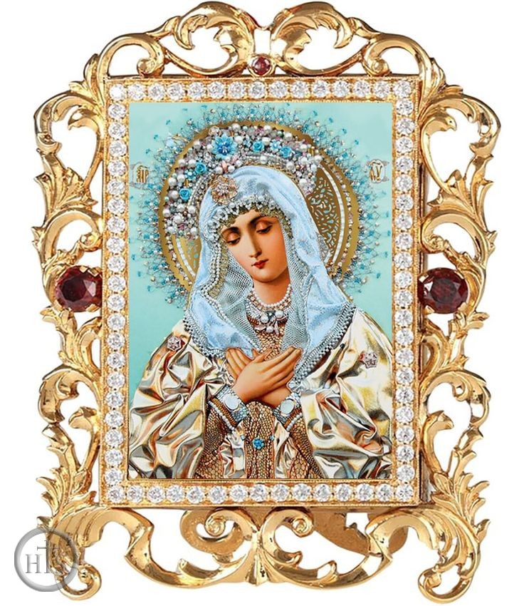 Picture - Virgin Mary Extreme Humility, Jeweled Framed Icon With Stand and Chain