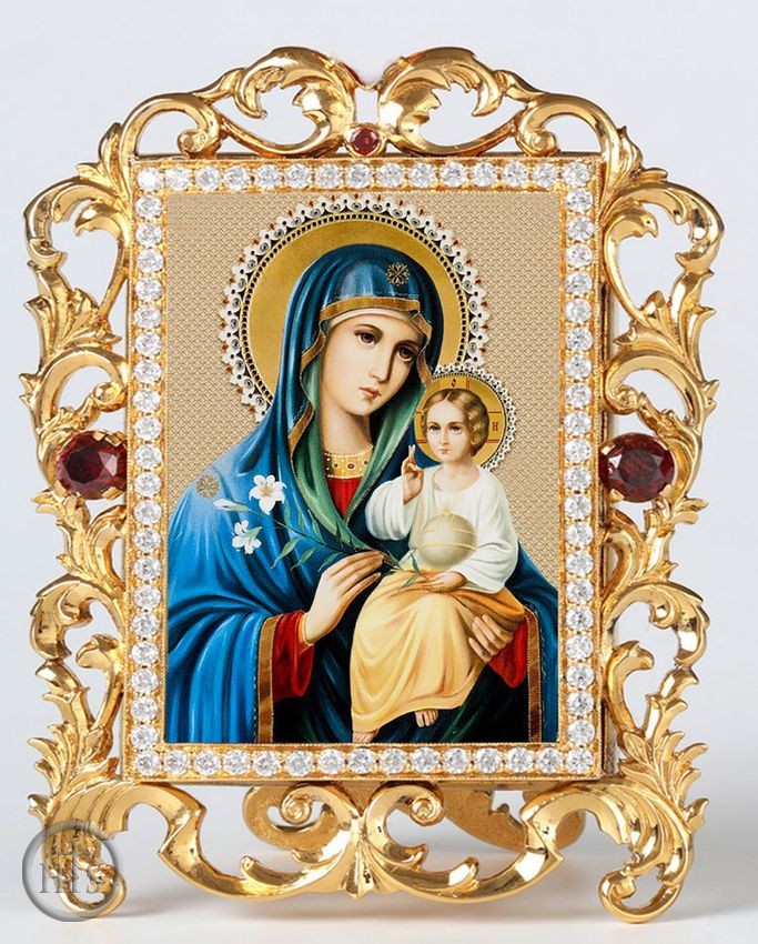 Product Photo - Virgin Mary Eternal Bloom, Jeweled Framed Icon With Stand and Chain
