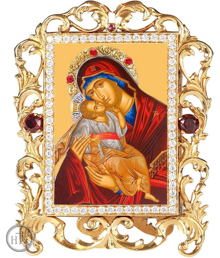 Product Pic - Virgin Mary Sweet Kissing, Jeweled Framed Icon With Stand and Chain