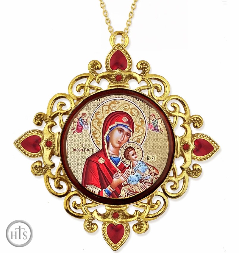 Product Picture - Virgin Mary Perpetual Help, Round Framed Byzantine Icon with Chain