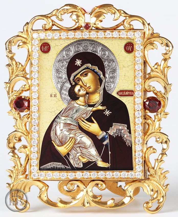 Image - Virgin of Vladimir, Jeweled Framed Icon With Stand and Chain