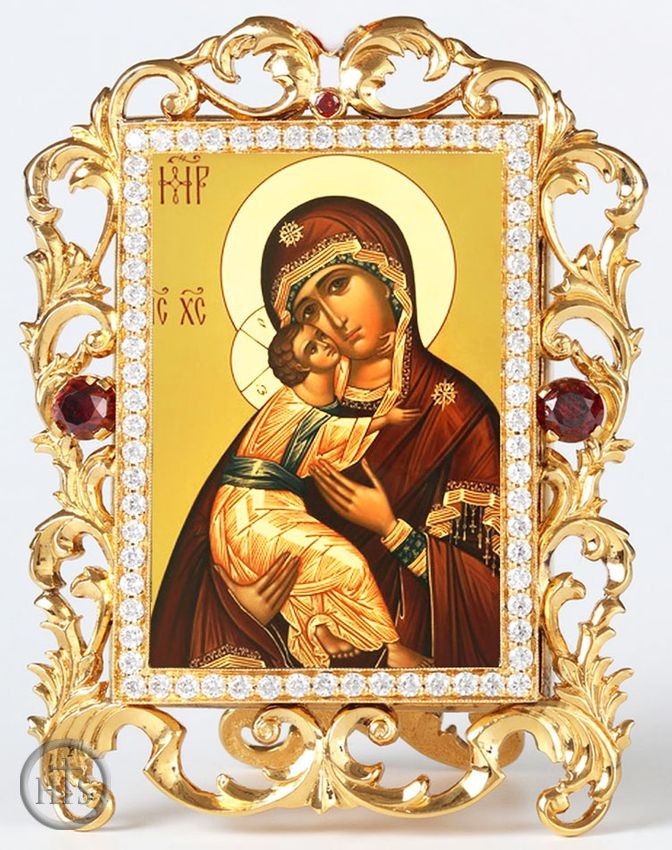 Product Photo - Virgin of Vladimir, Jeweled Framed Icon With Stand and Chain
