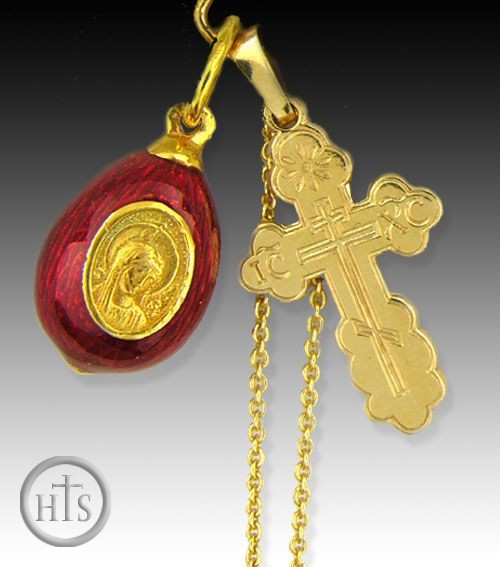 Pic - Set of 14KT Gold Cross, Enameled Egg and Chain