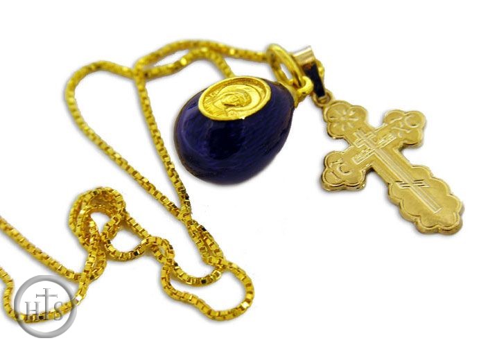 Product Image - Set of  14KT Gold Cross, Enameled Egg and Chain