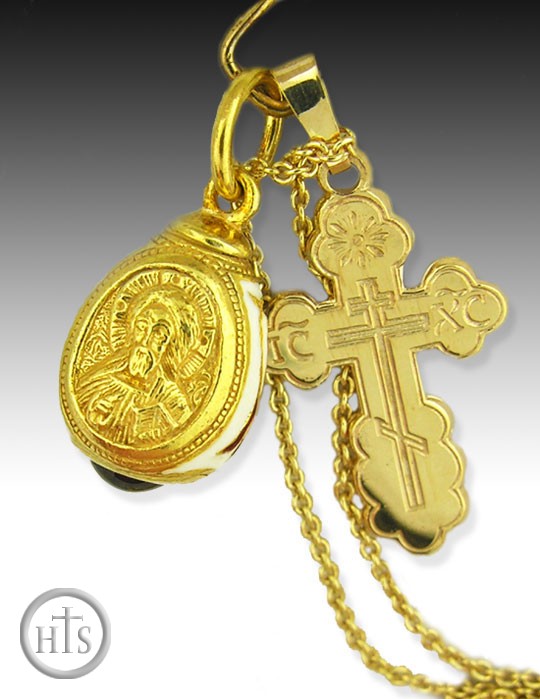 HolyTrinityStore Image - Set of 14KT Gold Cross, Enameled Gold Plated Egg and Chain
