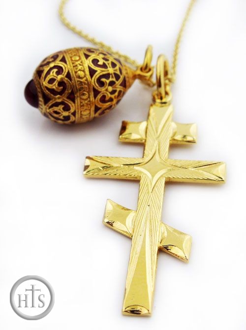 HolyTrinityStore Picture - Set of  Sterling Silver Gold Plated Cross, Egg Pendant & Chain