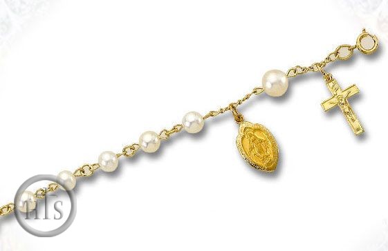 HolyTrinityStore Photo - Rosary Bracelet for Child, 14KT Gold / Pearl with Miraculous Medal & Crucifix