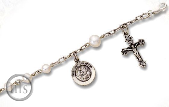 HolyTrinity Pic - Rosary Bracelet for Children, Sterling Silver / Pearl with Holy Communion Medal & Crucifix