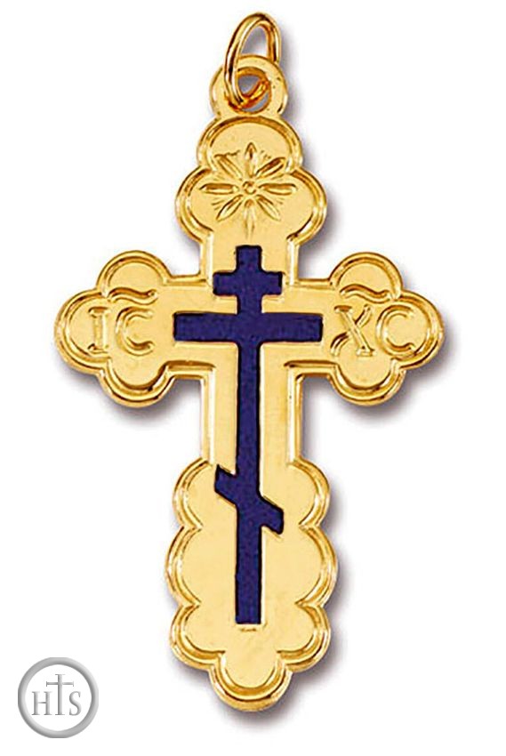 Picture - Three Barred St. Olga Silver Cross, 24kt Gold Plated with Blue Enamel