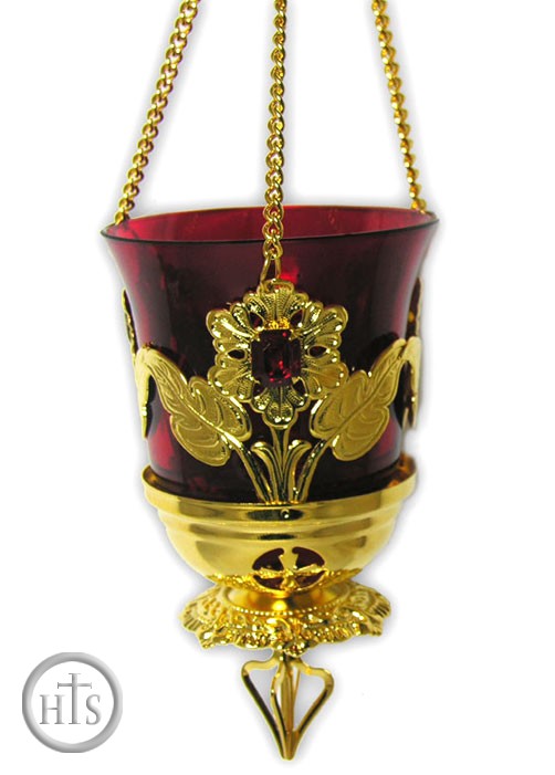 HolyTrinityStore Photo - Gold Plated Lamp with 3 Red Stones, Orthodox Authentic Product