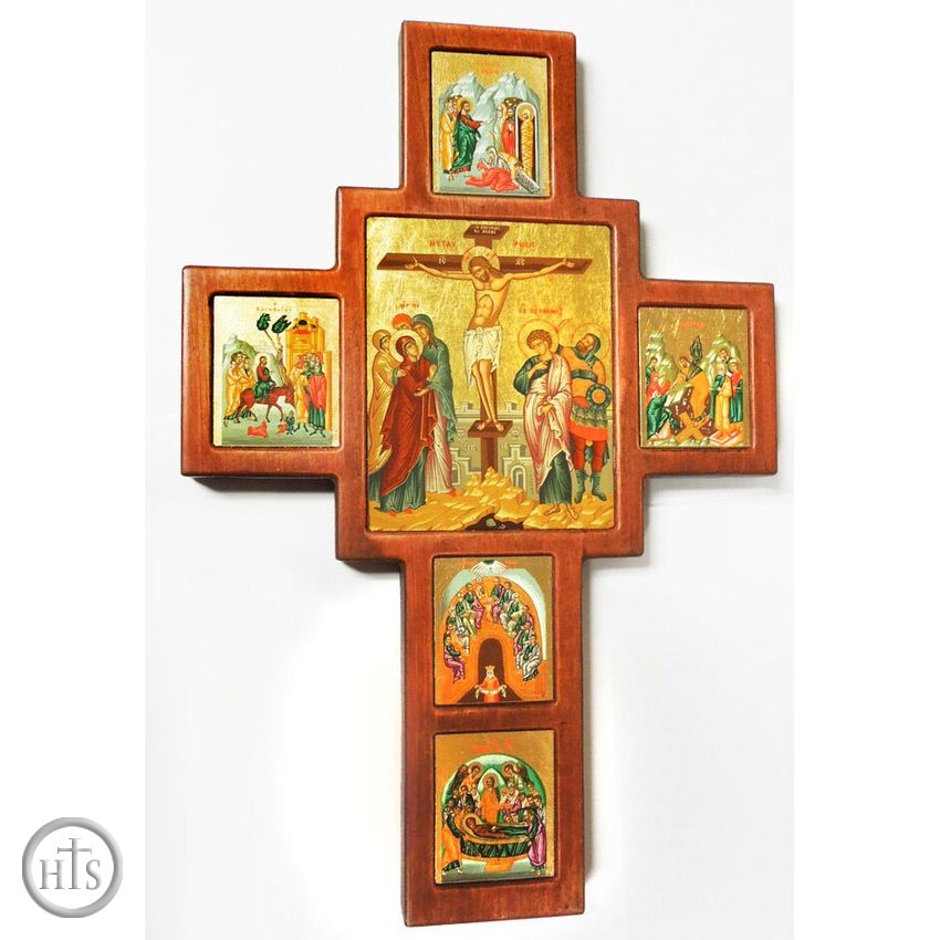 Image - The Crucifixion, Wooden Wall Cross with Set of Framed Orthodox Icons