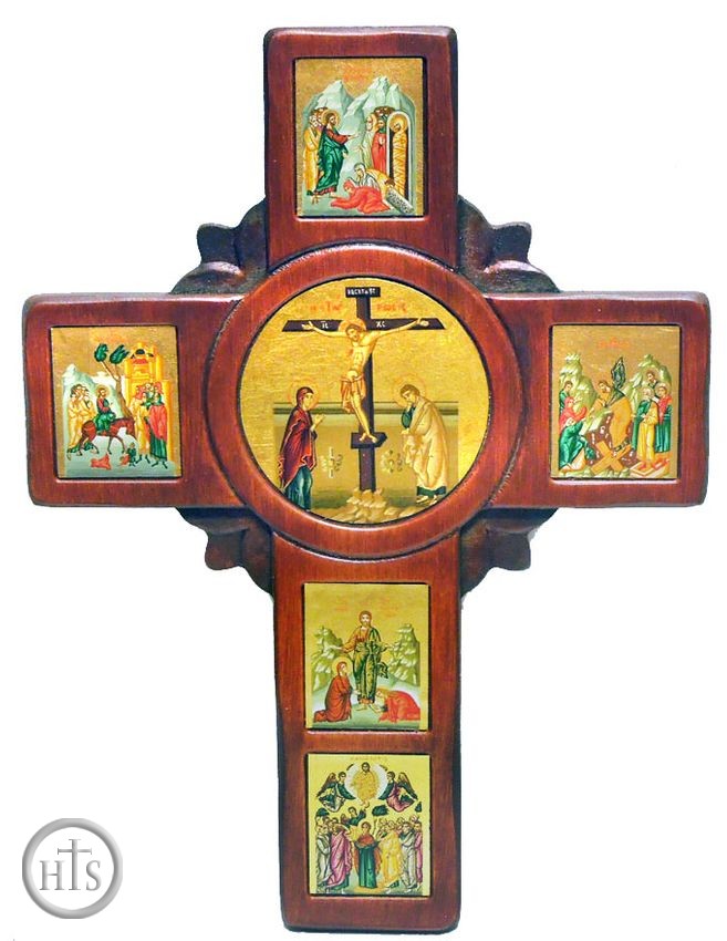 HolyTrinityStore Photo - Wooden Wall Icon Cross with Set of Framed Orthodox Icons, Large