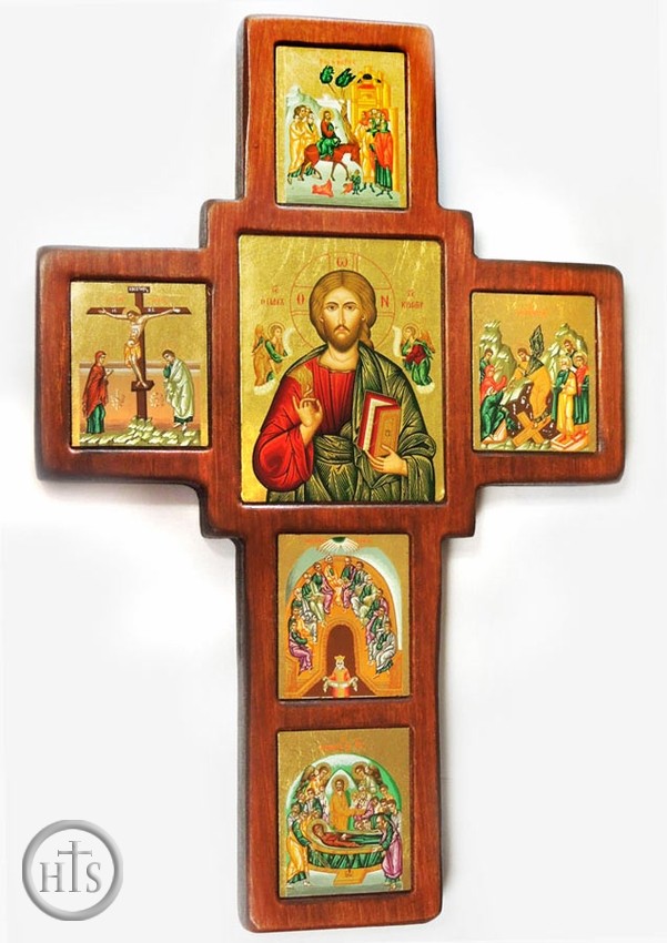 Product Image - Wooden Wall Cross with Set of Framed Orthodox Icons, Made in Greece