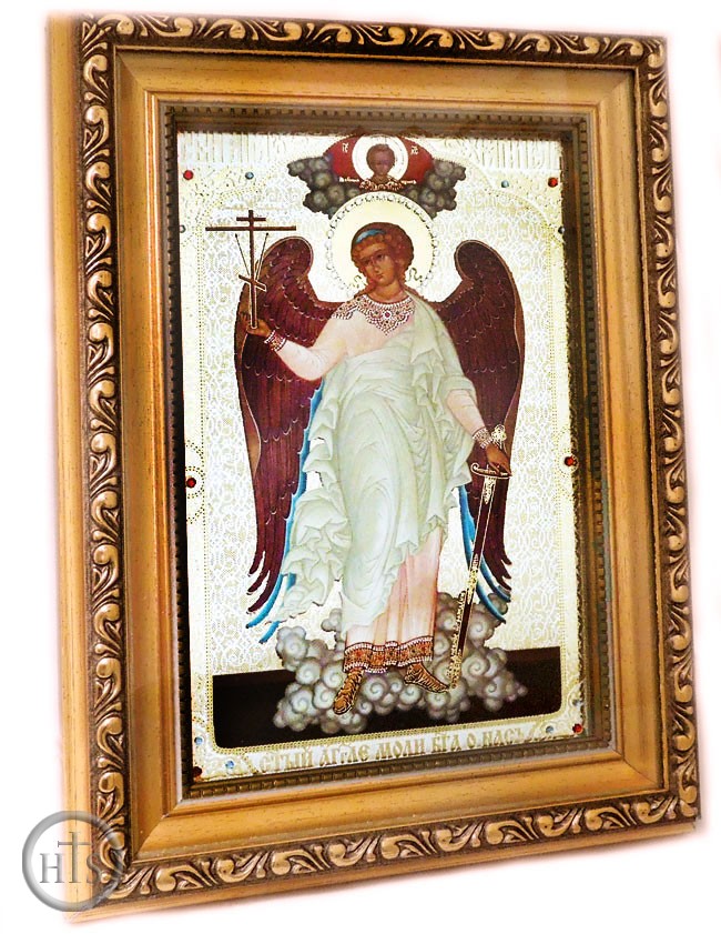 HolyTrinityStore Image - Guardian Angel, Gold & Silver Foil Framed Icon with Crystals and Glass