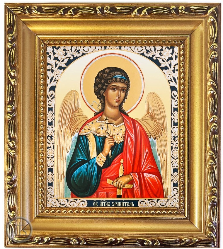 HolyTrinityStore Picture - Guardian Angel, Wooden Frame Gold Foil Icon with Stand