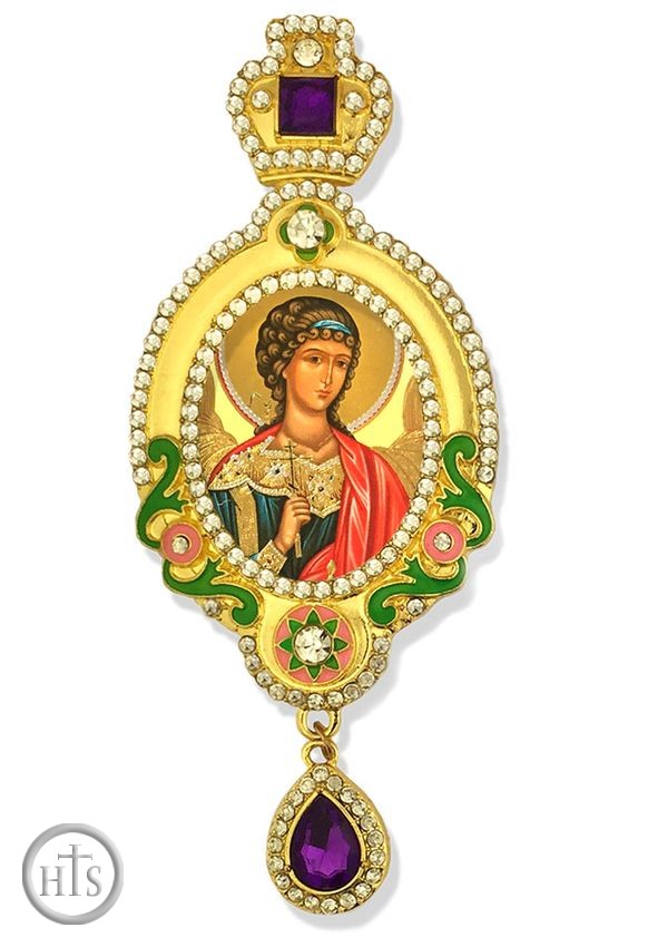 Product Pic - Guardian Angel,   Jeweled Icon Ornament, Yellow Frame & Purple Crystals