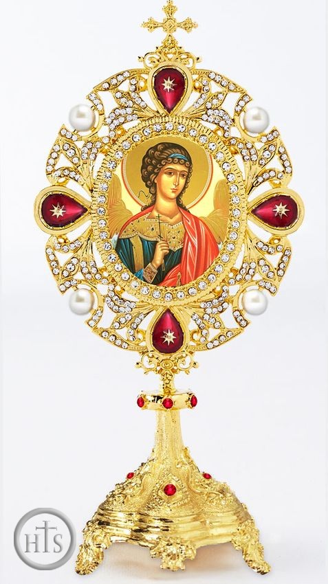 Product Pic - Guardian Angel Icon in Pearl Jeweled Shrine - Monstrance Style