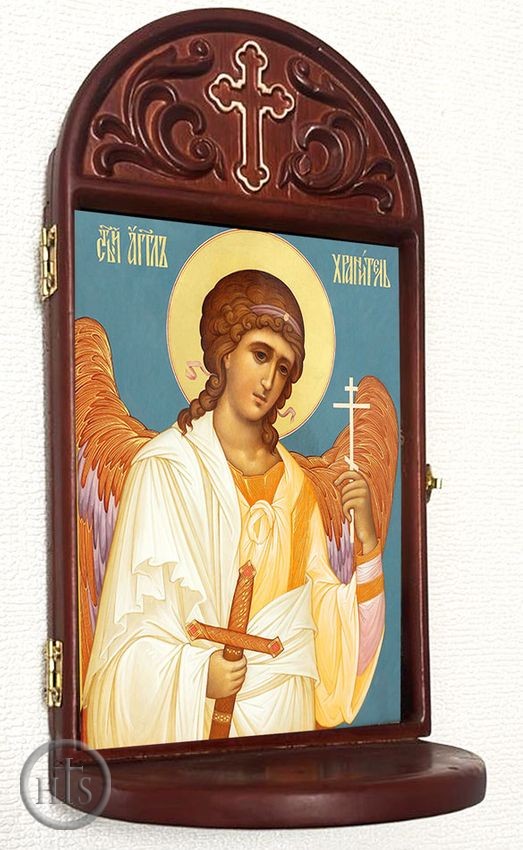 Photo - Guardian Angel, Gold Foil Icon Wooden Shrine With Shelf 