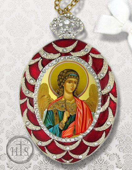 Photo - Guardian Angel, Egg Shape Framed Ornament Icon, Red