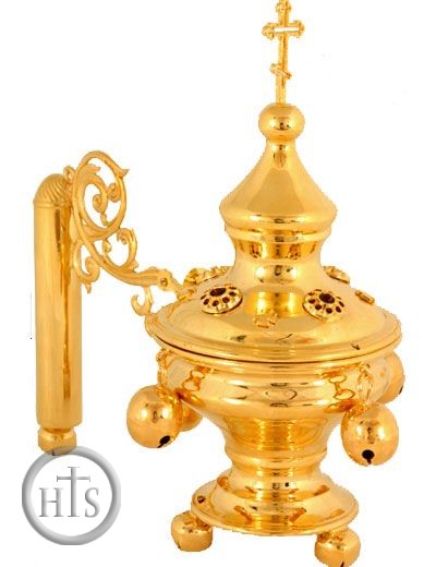 Product Picture - Hand Censer W/Bells/Red Stones, Gold Plated