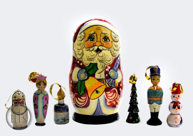 Product Image - Hand Painted Wooden Santa Nested Doll with Ornaments