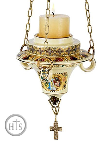 Product Picture - Hanging Icon Lamp with Icons,  24KT Gold Decorated, Cream