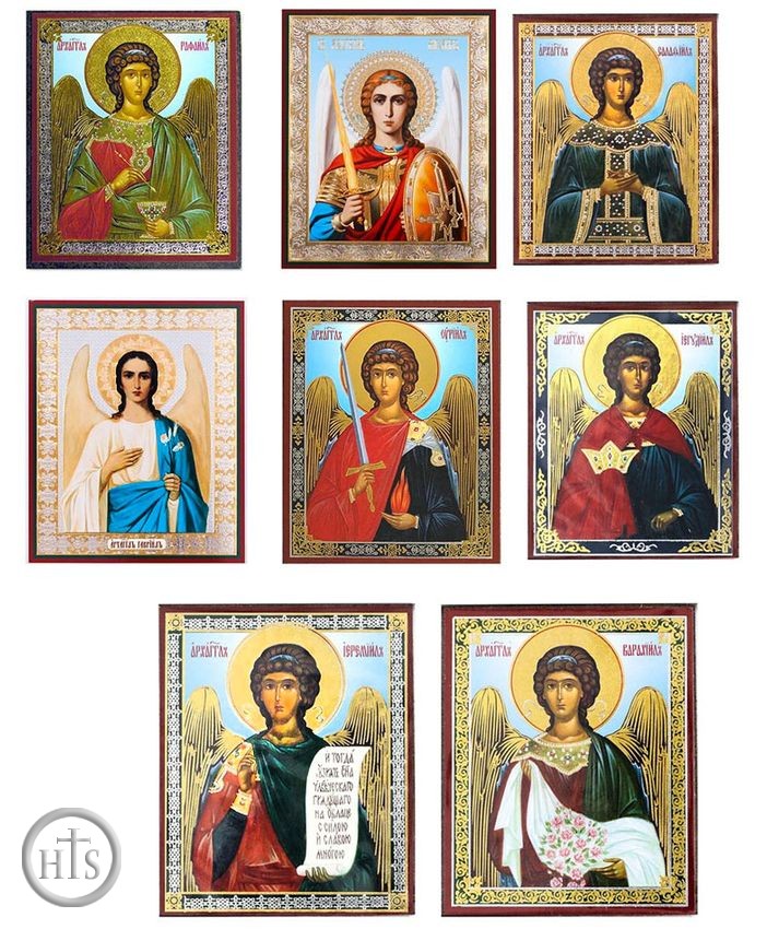 HolyTrinityStore Image - Highest Archangels, Set of 8 Gold Foiled Mini Wooden Icons