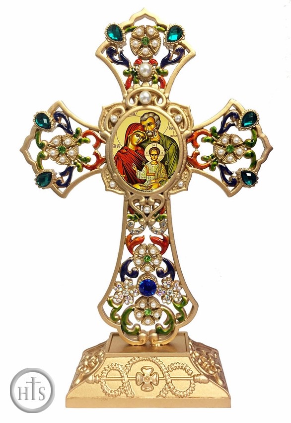 Product Picture - The Holy Family Icon in Filigree Standing Jeweled Cross
