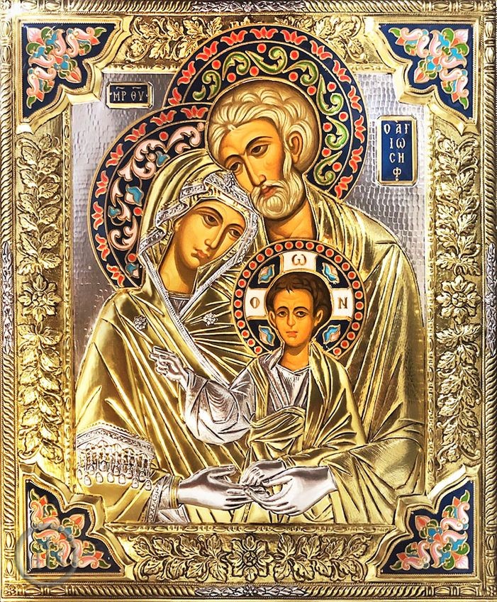 HolyTrinity Pic - The Holy Family, Serigraph Icon in Silver / Gold Plated Riza with Crystals