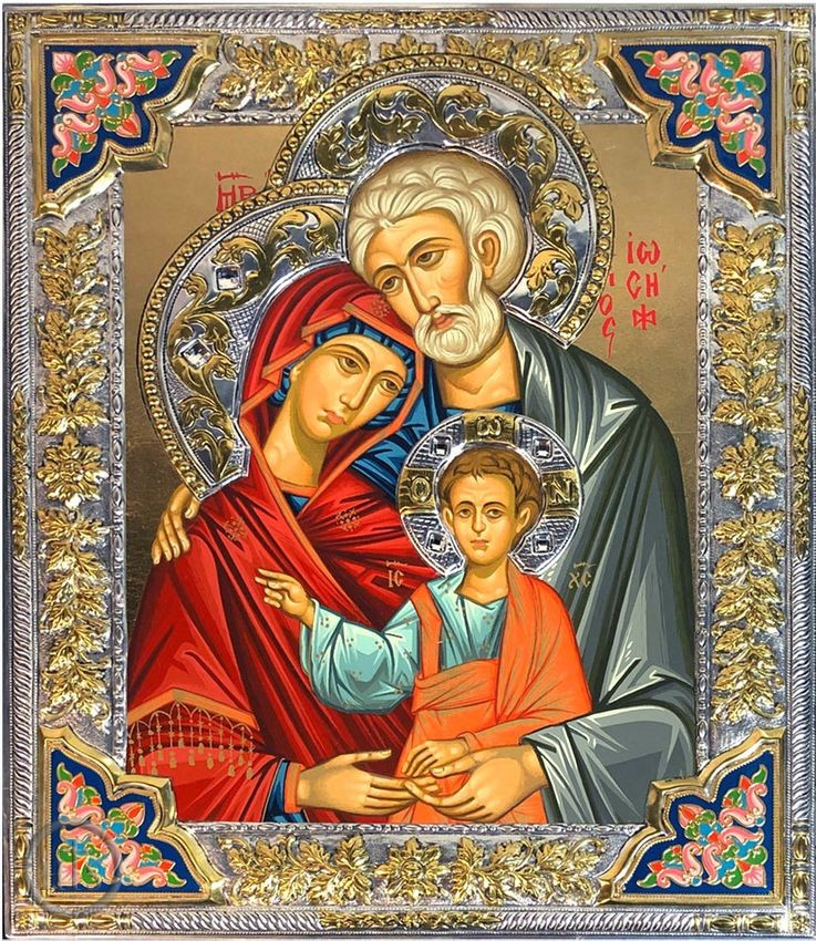 Image - The Holy Family, Serigraph Icon in Silver / Gold Plated Riza with Crystals