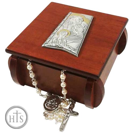 Image - Wooden Rosary Box with Silver Icon of The Holy Family