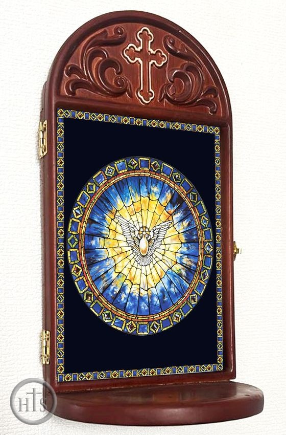 HolyTrinityStore Picture - The Holy Spirit, Gold Foil Icon in Wooden Shrine With Shelf 