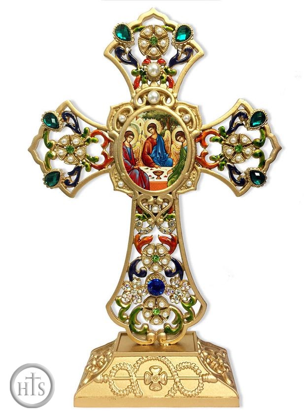 HolyTrinityStore Picture - Holy Trinity Icon in Filigree Standing Jeweled Cross 